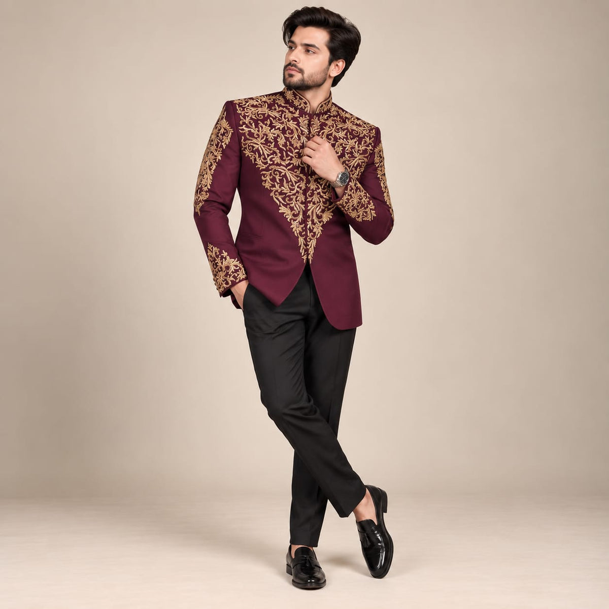 Premium quality fabric embellished maroon prince coat