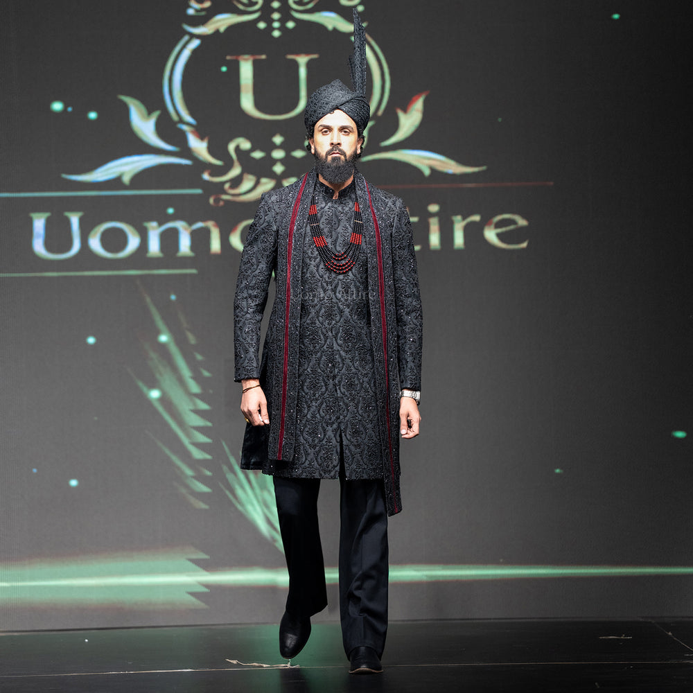 Men's Luxury Black Embroidered Sherwani with Groom Turban & Mala