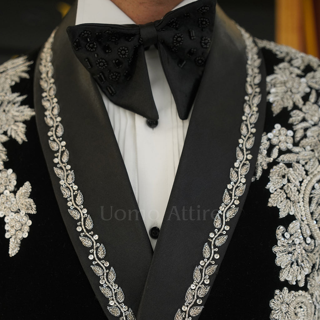 Men's Luxury Black Velvet Embroidered Tuxedo 2-Piece Suit