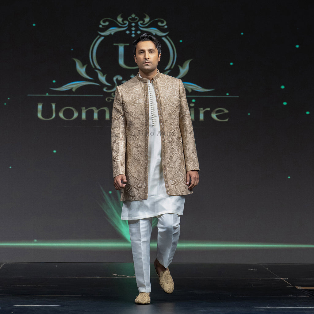 Men's Luxury Golden Beige Short Sherwani with Heavy Embroidery