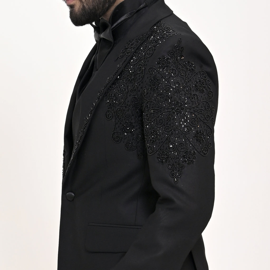 Men's Luxury Black Embellished 3-Piece Tuxedo with Hand-Beaded Lapel & Shoulders