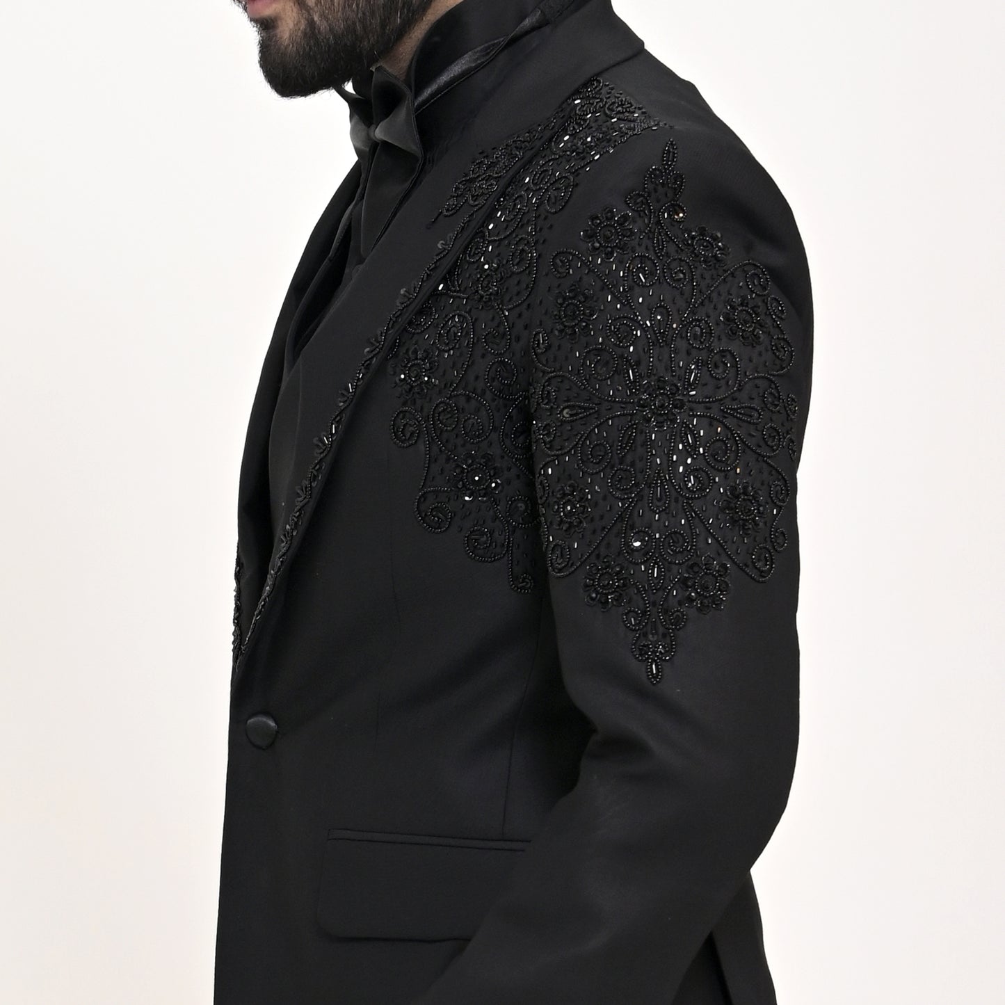 
                  
                    Men's Luxury Black Embellished 3-Piece Tuxedo with Hand-Beaded Lapel & Shoulders
                  
                
