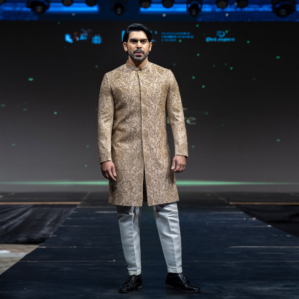 Men's Luxury Golden Embroidered Sherwani with Turban