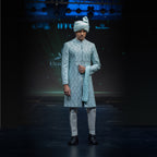 Men's Luxury Ice Blue Embroidered Sherwani with Matching Turban