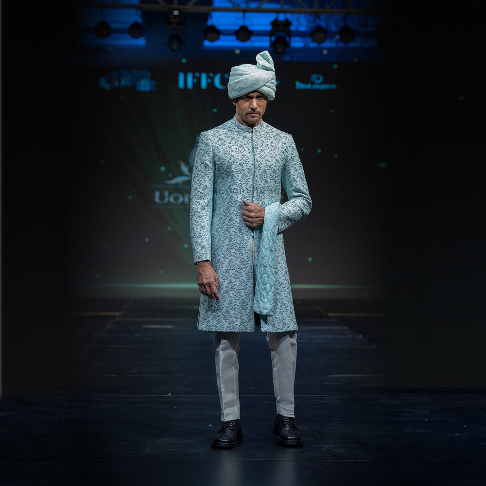 
                  
                    Men's Luxury Ice Blue Embroidered Sherwani with Matching Turban
                  
                