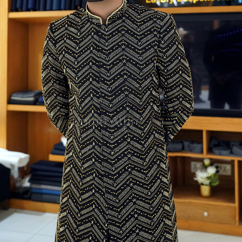 Men's Luxury Black Embroidered Sherwani with Gold Detailing & Saafa