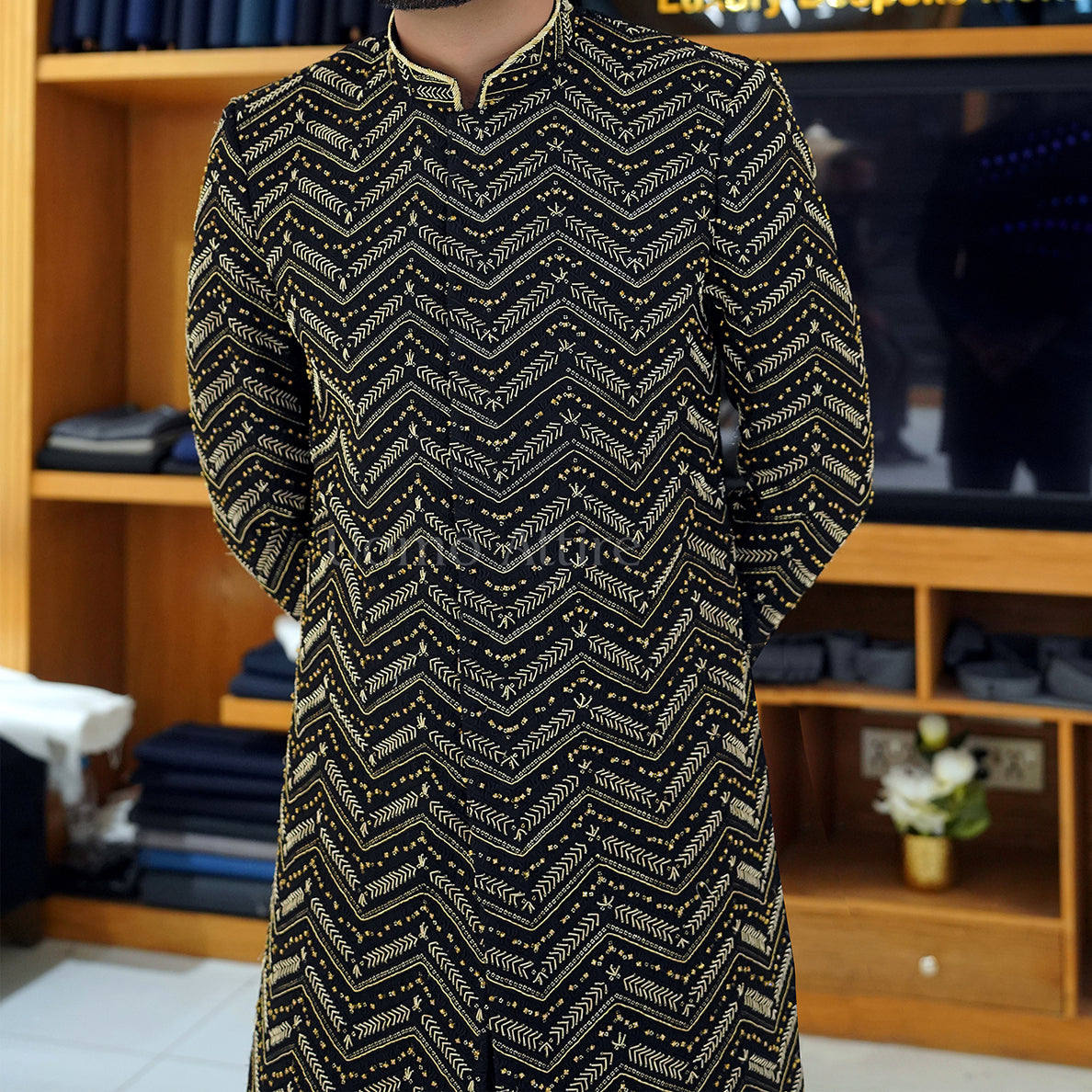
                  
                    Men's Luxury Black Embroidered Sherwani with Gold Detailing & Saafa
                  
                