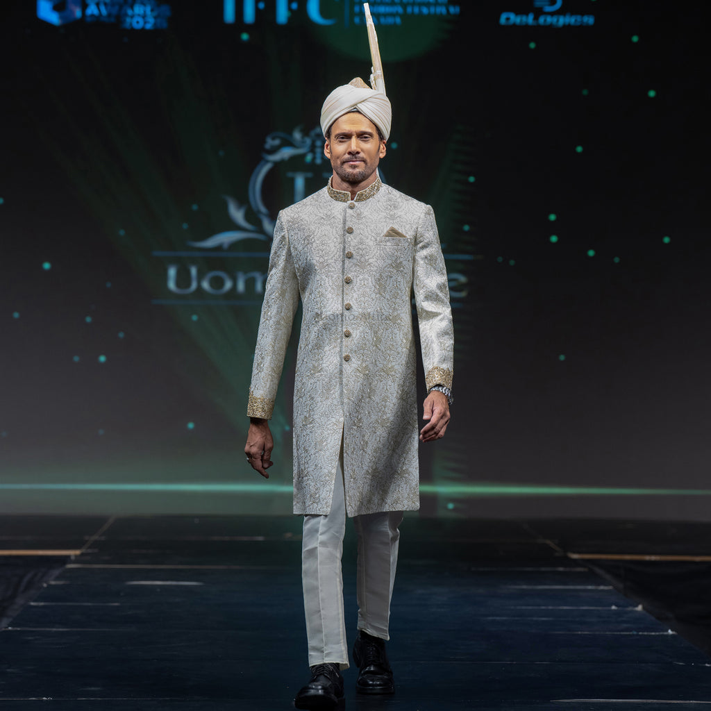 Men's Luxury Ivory & Gold Embroidered Sherwani with Royal Kalgi Turban