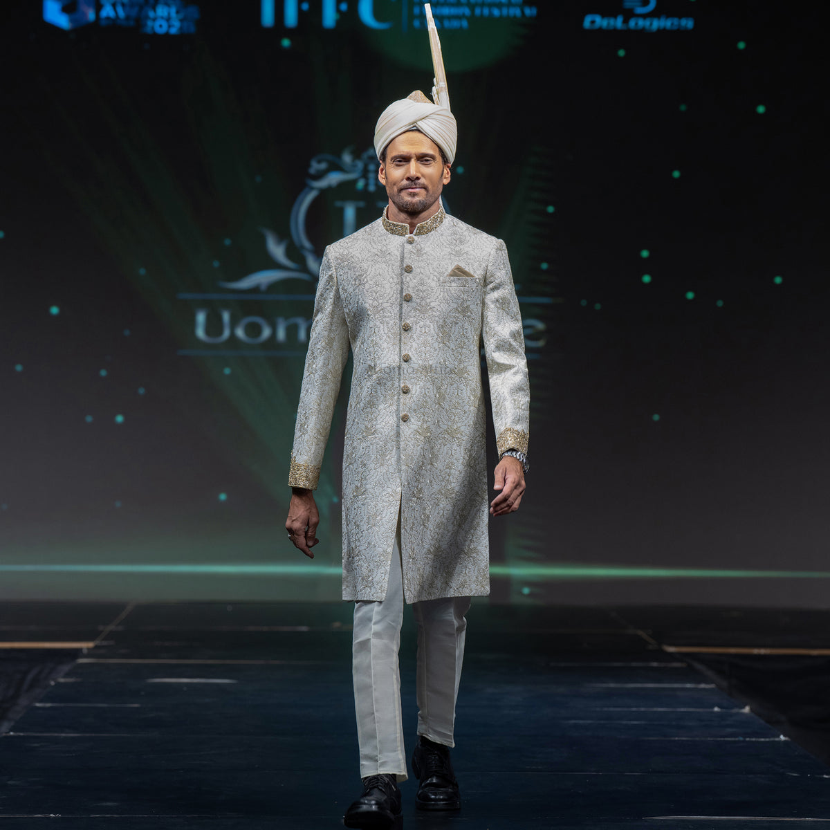 Men's Luxury Ivory & Gold Embroidered Sherwani with Royal Kalgi Turban