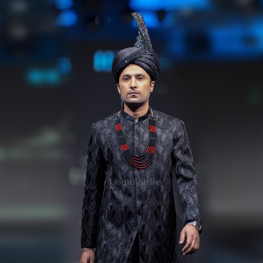 Men's Luxury Black Crystal-Embroidered Sherwani with Groom Turban & Mala