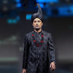 Men's Luxury Black Crystal-Embroidered Sherwani with Groom Turban & Mala