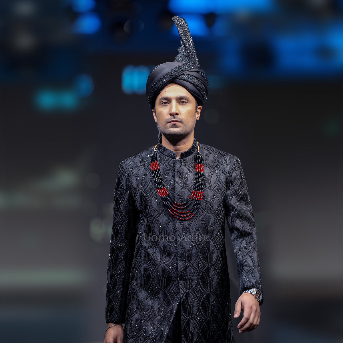 Men's Luxury Black Crystal-Embroidered Sherwani with Groom Turban & Mala