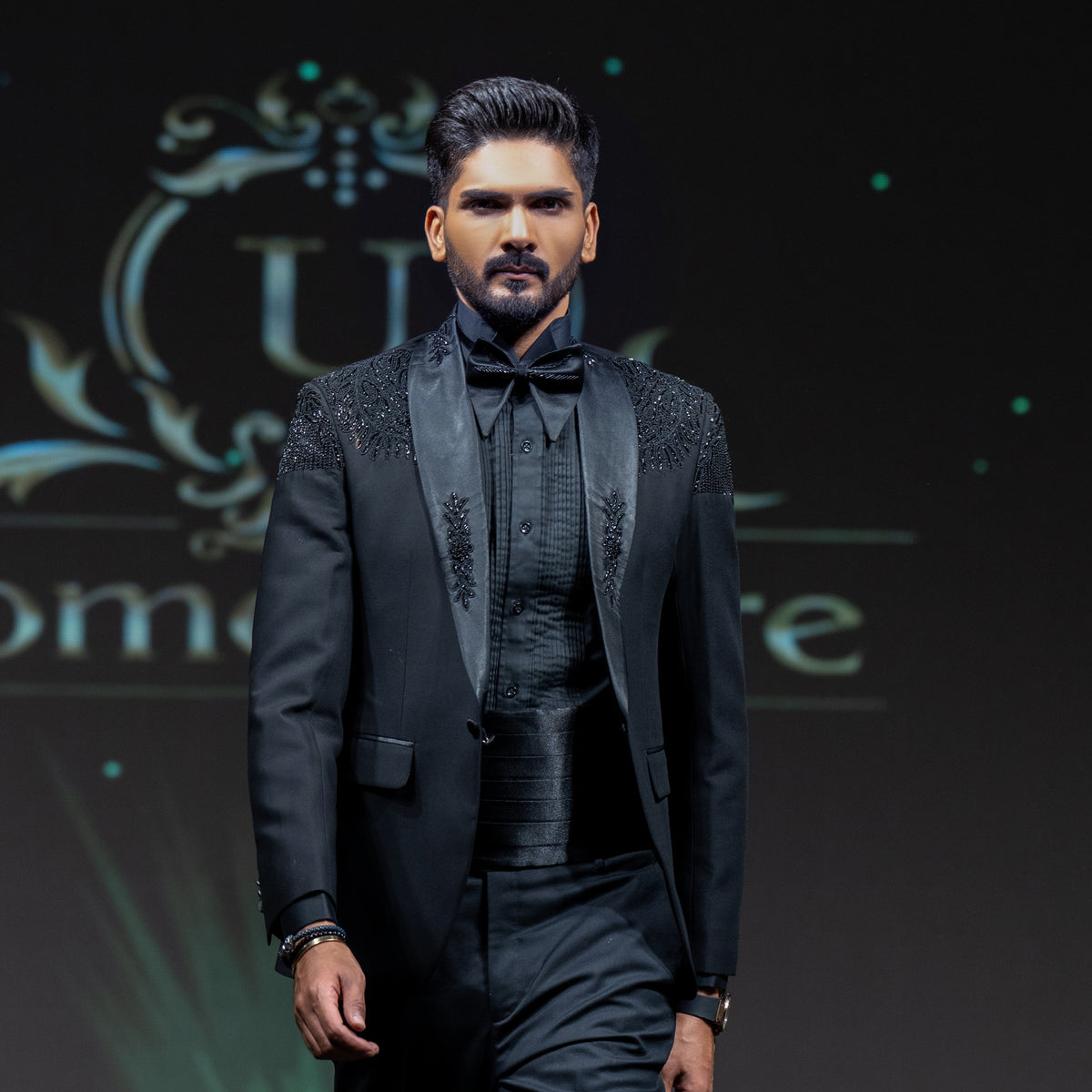 Men's Luxury Black Embellished Shoulder Tuxedo with Cummerbund & Bow Tie