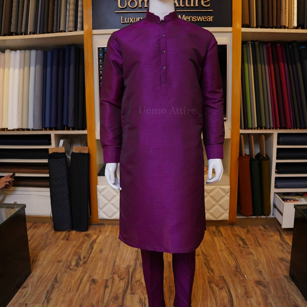 Raw silk fabric purple kurta pajama design for men