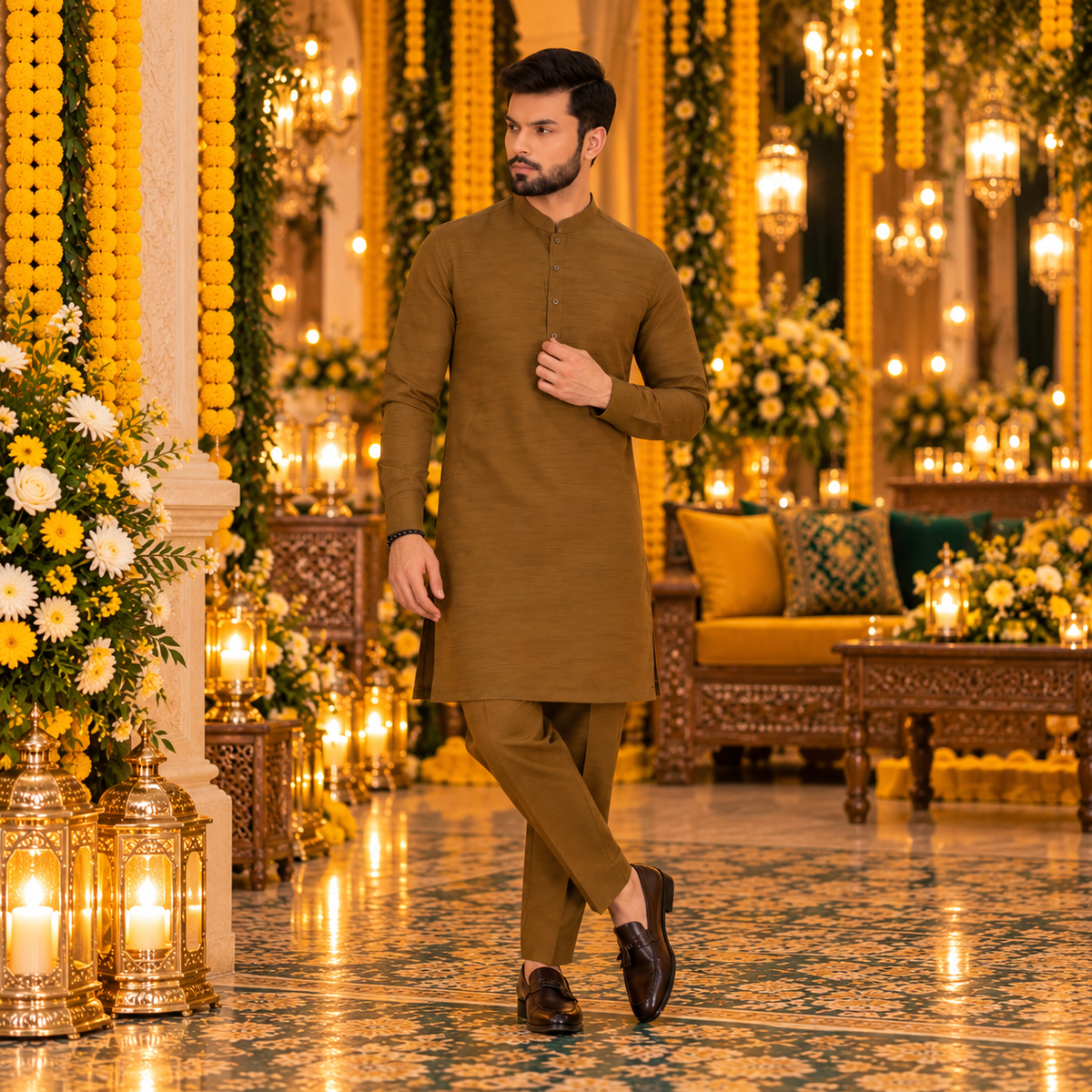 Mehendi Colour Raw Silk Kurta Pajama for Mens