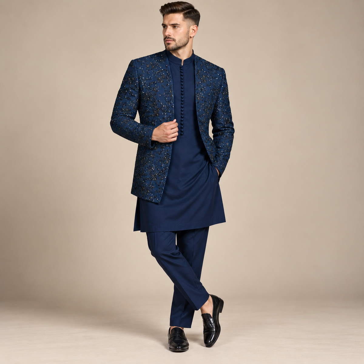 Midnight Blue Prince Coat with Same Color Kurta Pajama