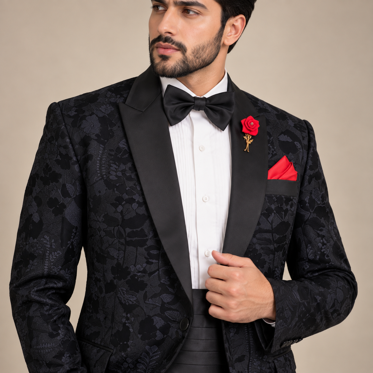 Black Floral Tuxedo for Men in Jamawar Resham Embroidery