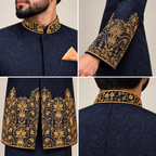 Luxury Midnight Navy Blue Jodhpuri Prince Coat with Gold Jewellery-Inspired Embellishment Worn By MR TALHA SHAHID | Premium Royal Groom Wear – Uomo Attire