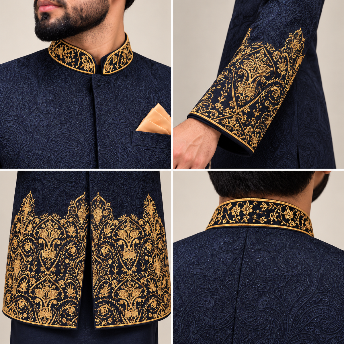 Luxury Midnight Navy Blue Jodhpuri Prince Coat with Gold Jewellery-Inspired Embellishment Worn By MR TALHA SHAHID | Premium Royal Groom Wear – Uomo Attire
