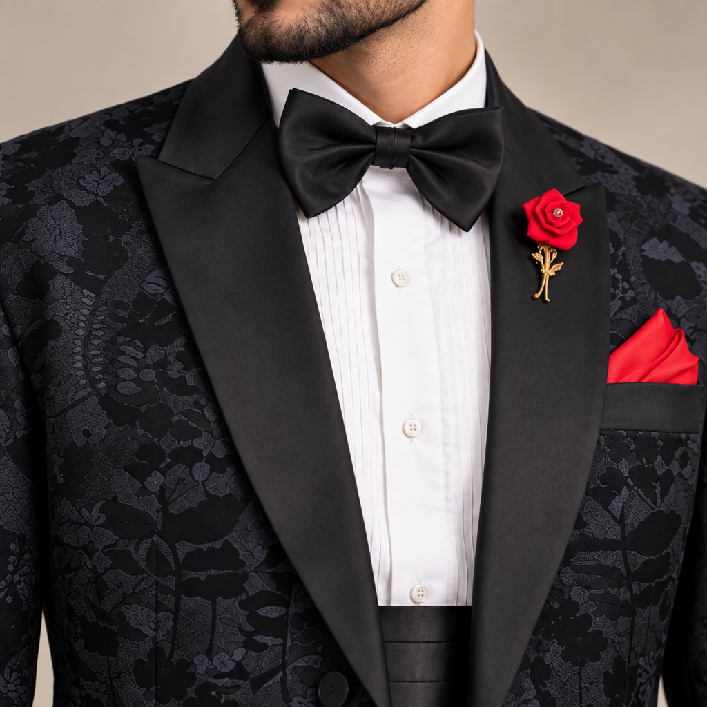 Black Floral Tuxedo for Men in Jamawar Resham Embroidery