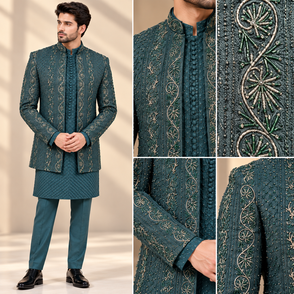 EMERALD REGAL EMBROIDERED BANDHGALA SUIT