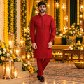 Luxurious Blood Red Embroidered Kurta Pajama for Men with Loop Buttons