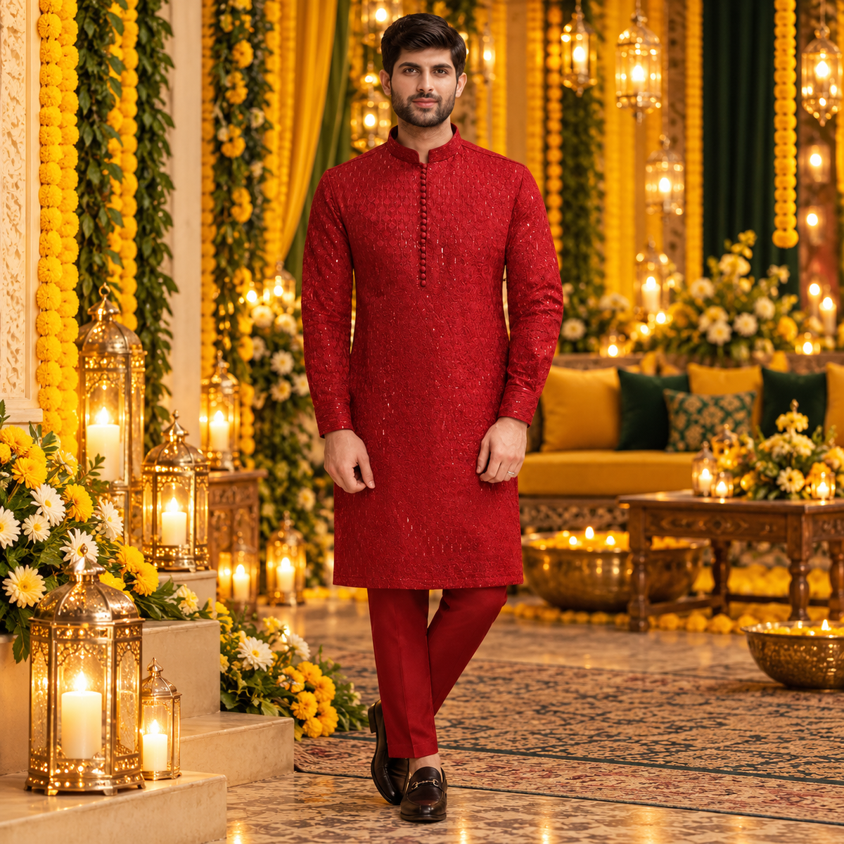 Luxurious Blood Red Embroidered Kurta Pajama for Men with Loop Buttons