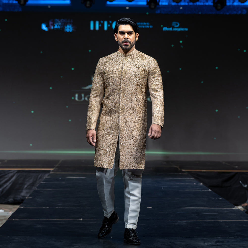 
                  
                    Men's Luxury Golden Embroidered Sherwani with Turban
                  
                