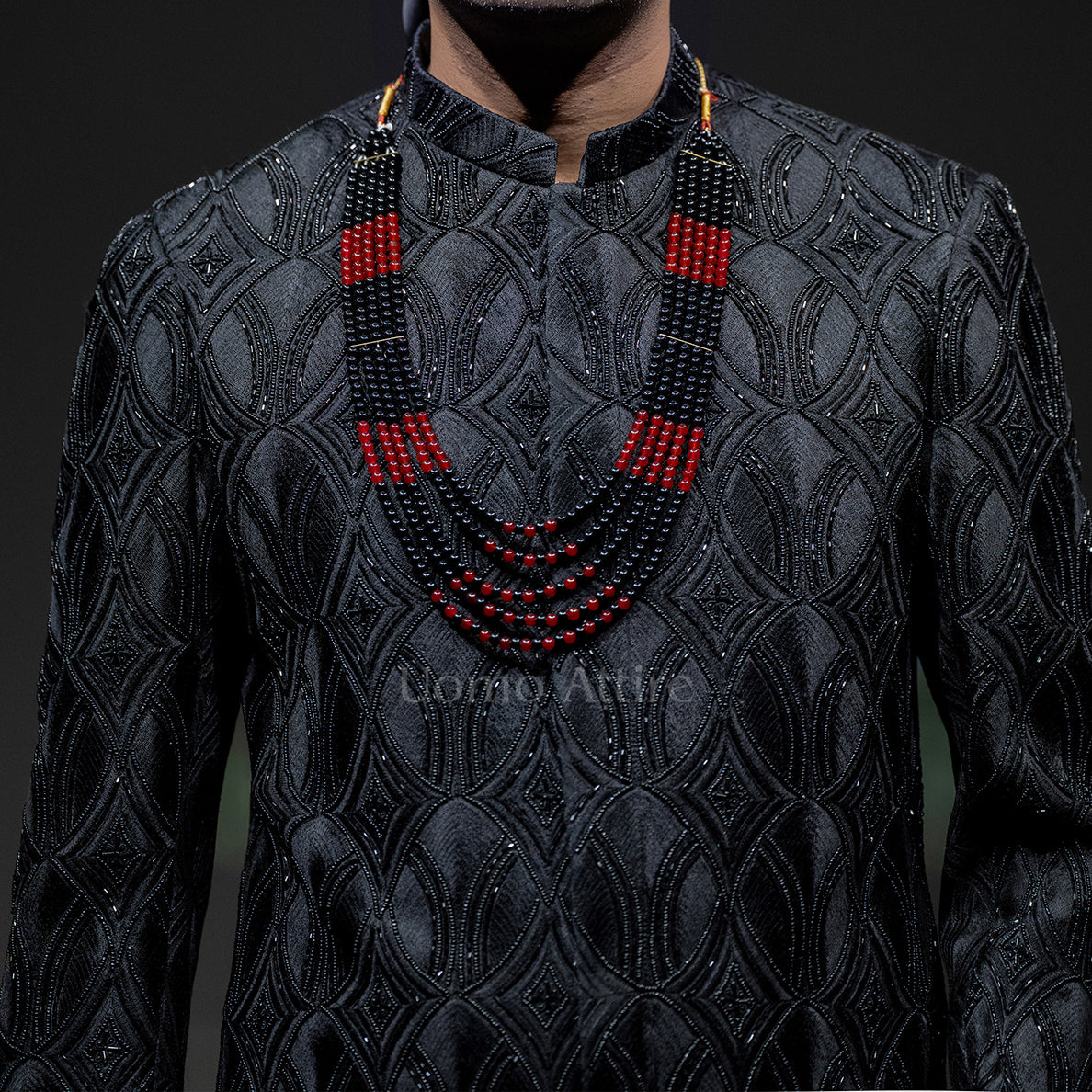 
                  
                    Men's Luxury Black Crystal-Embroidered Sherwani with Groom Turban & Mala
                  
                