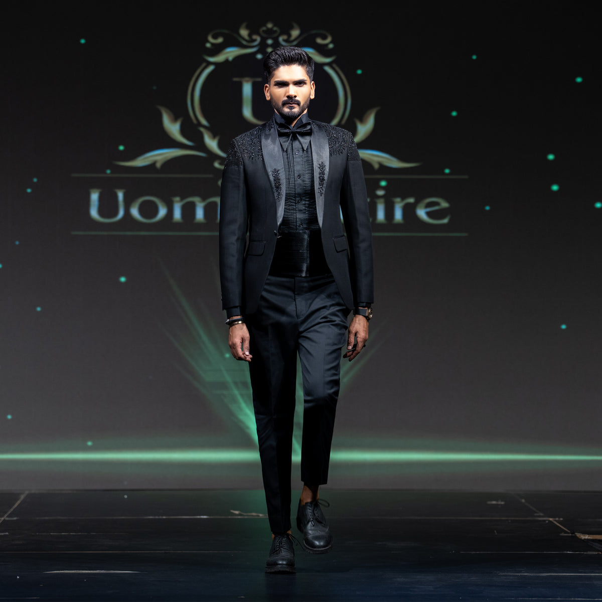 Men's Luxury Black Embellished Shoulder Tuxedo with Cummerbund & Bow Tie