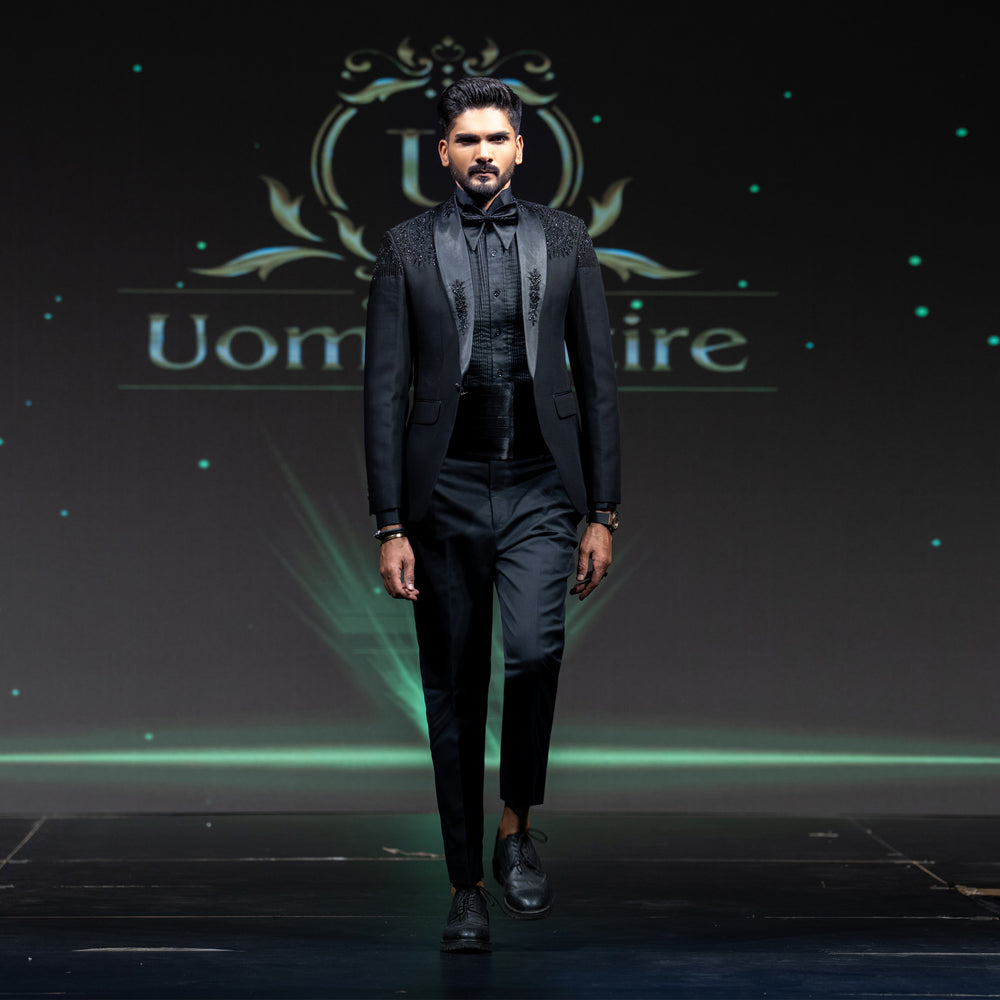 
                  
                    Men's Luxury Black Embellished Shoulder Tuxedo with Cummerbund & Bow Tie
                  
                