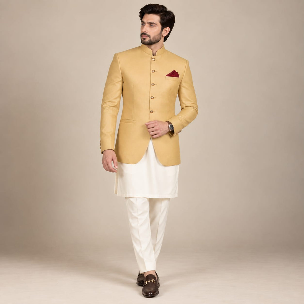 Self textured simple golden prince coat