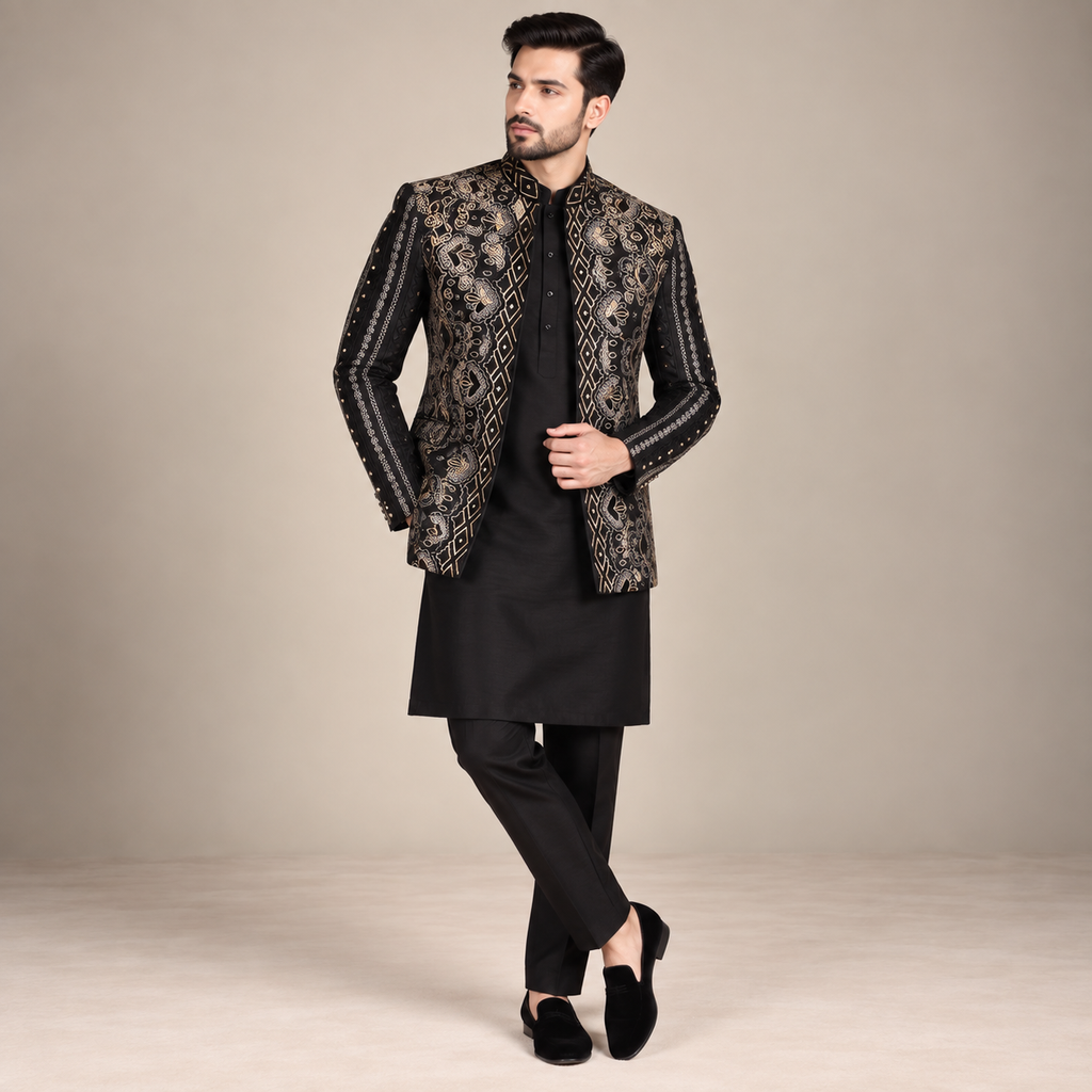 Black Designer Open Front Prince Coat
