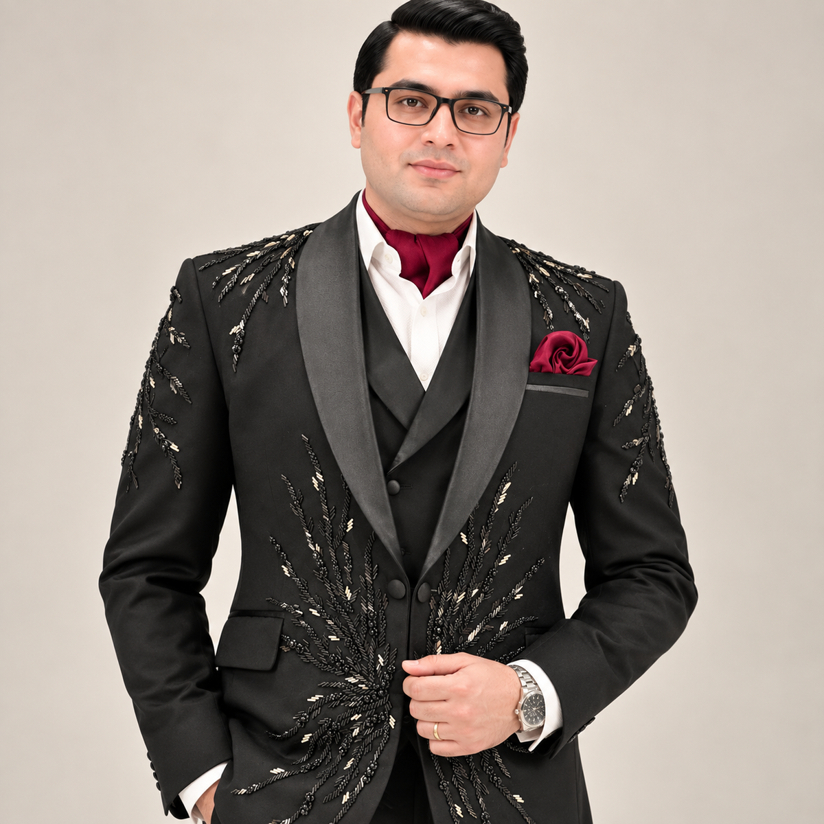 LUXURY BLACK HAND-EMBELLISHED TUXEDO WEARED BY MR JAWAD