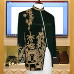 Bottle Green Prince Coat for Men in Raw Silk Embellishment