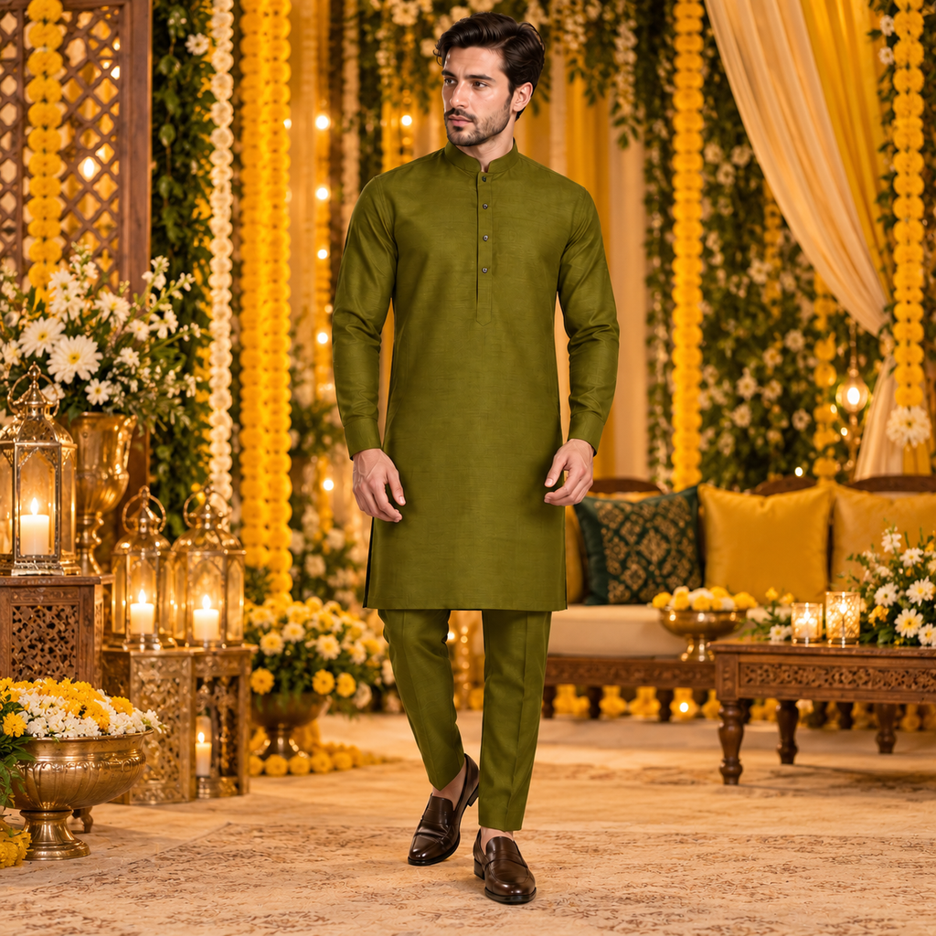 Mehndi kurta pajama in raw silk fabric