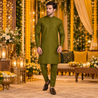 Mehndi kurta pajama in raw silk fabric