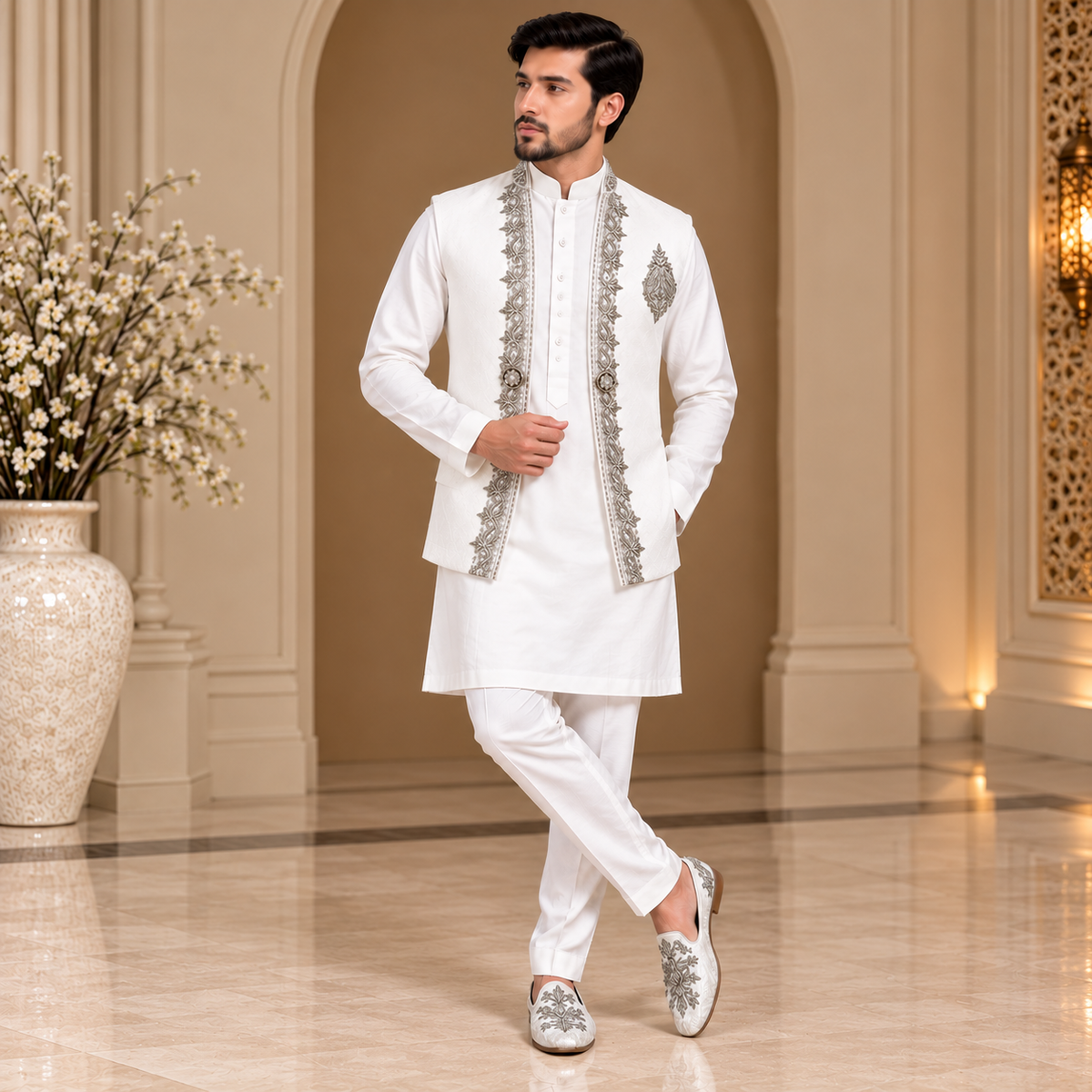 Premium Pure White Waistcoat with Hand Embellishment | Luxury Groom & Wedding Wear