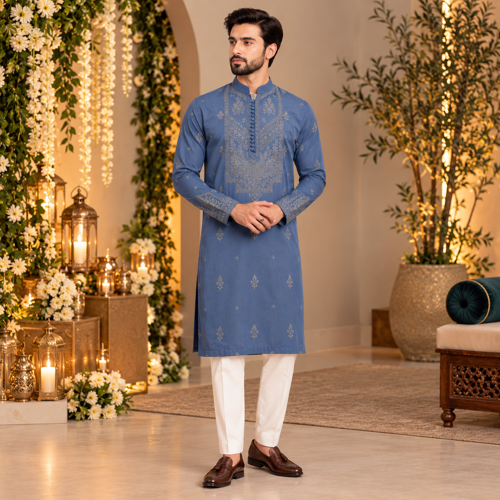Hand Embellished Sky Blue Designer Kurta Pajama