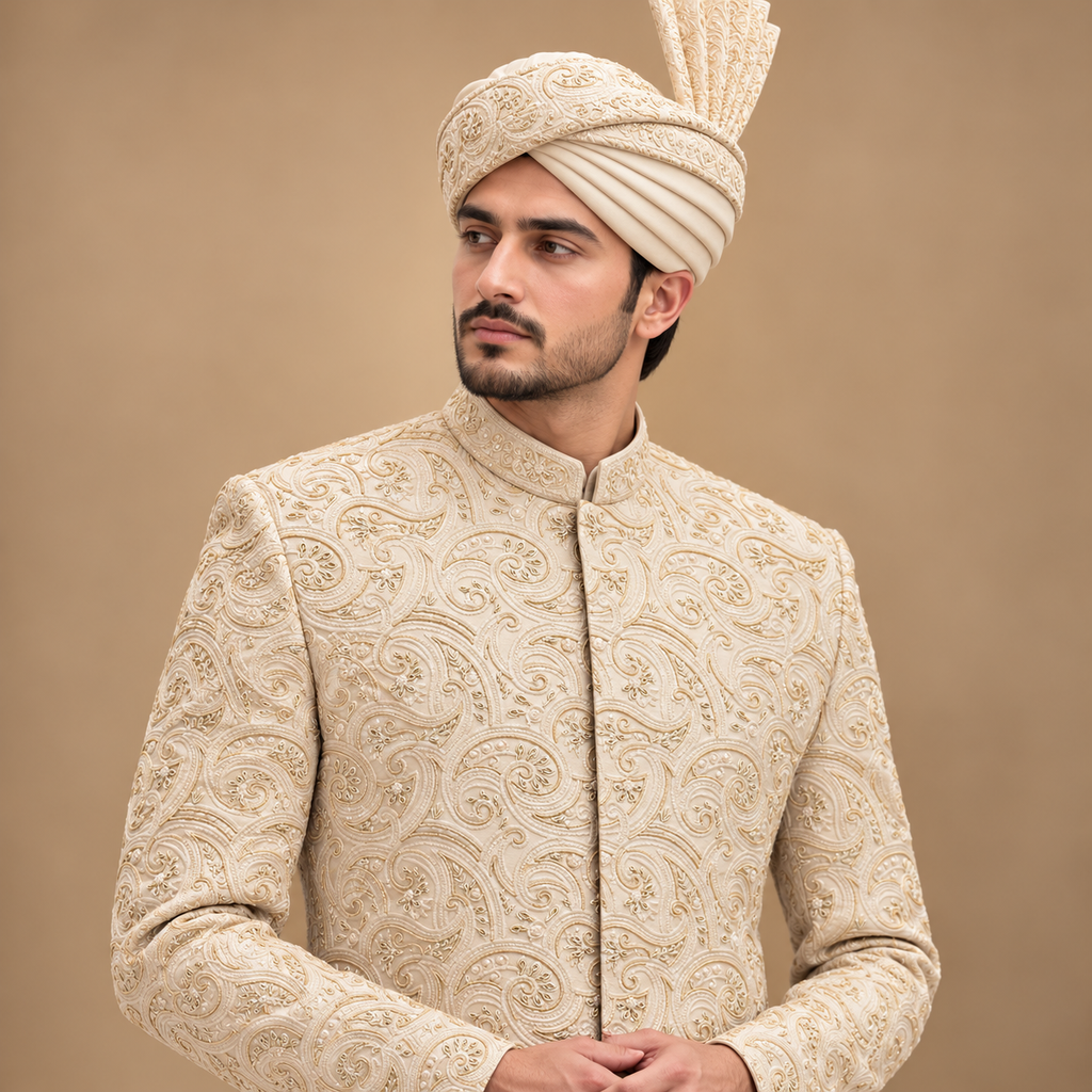 Premium Vanilla White Groom Sherwani with Intricate Embroidery & Hand Embellishment