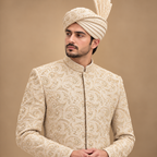 Premium Vanilla White Groom Sherwani with Intricate Embroidery & Hand Embellishment