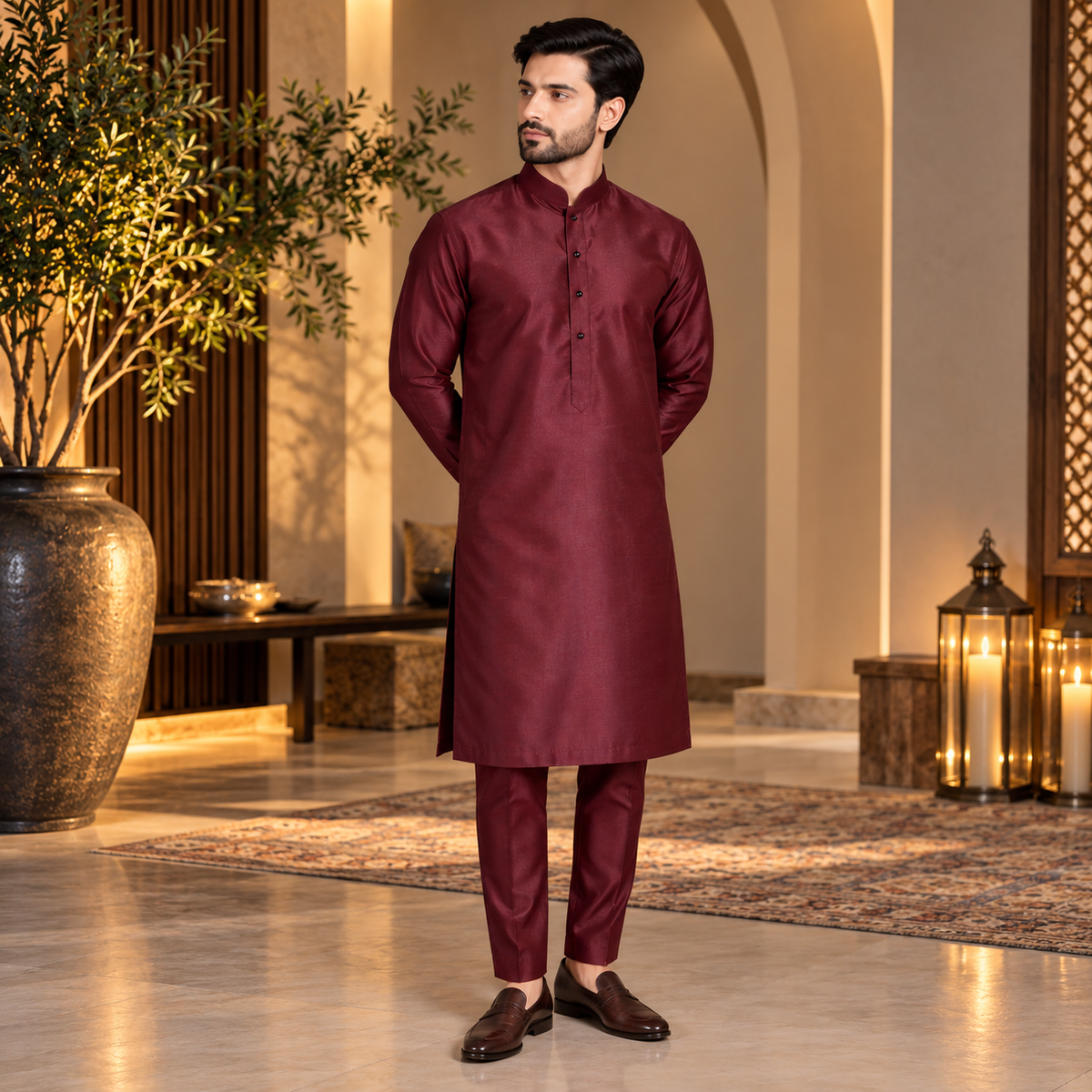 Solid maroon kurta pajama design for men