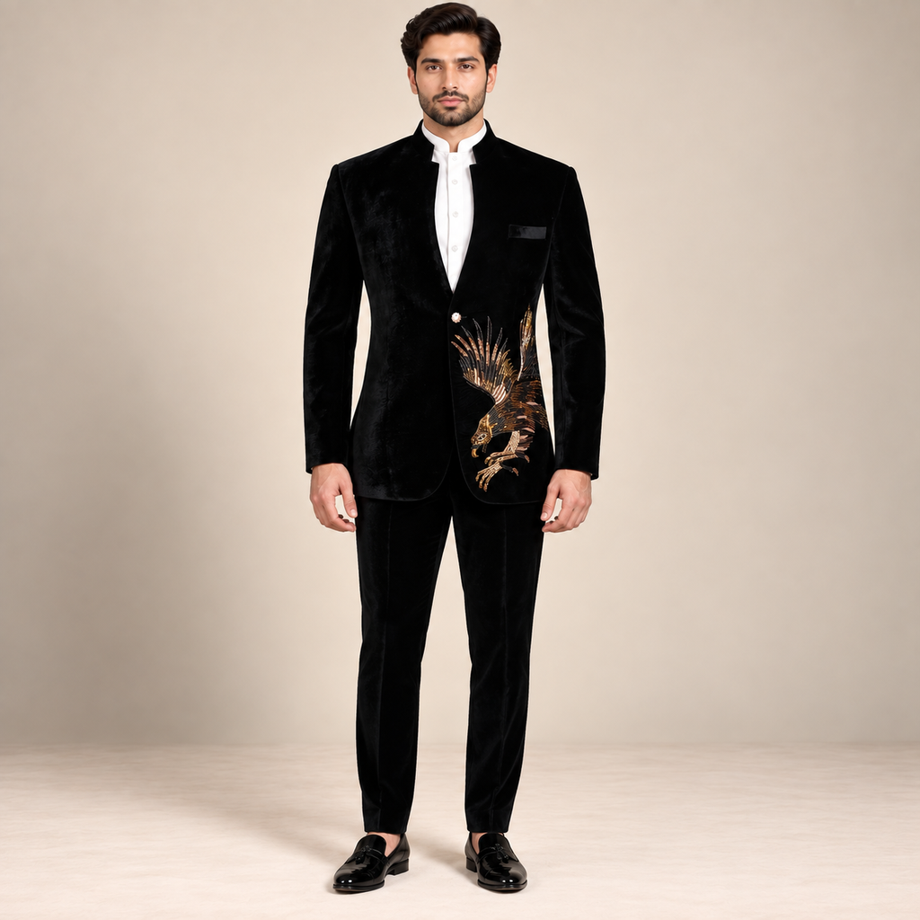 Eagle Embellished Nehru Cut Style Black Velvet Luxury Prince Coat