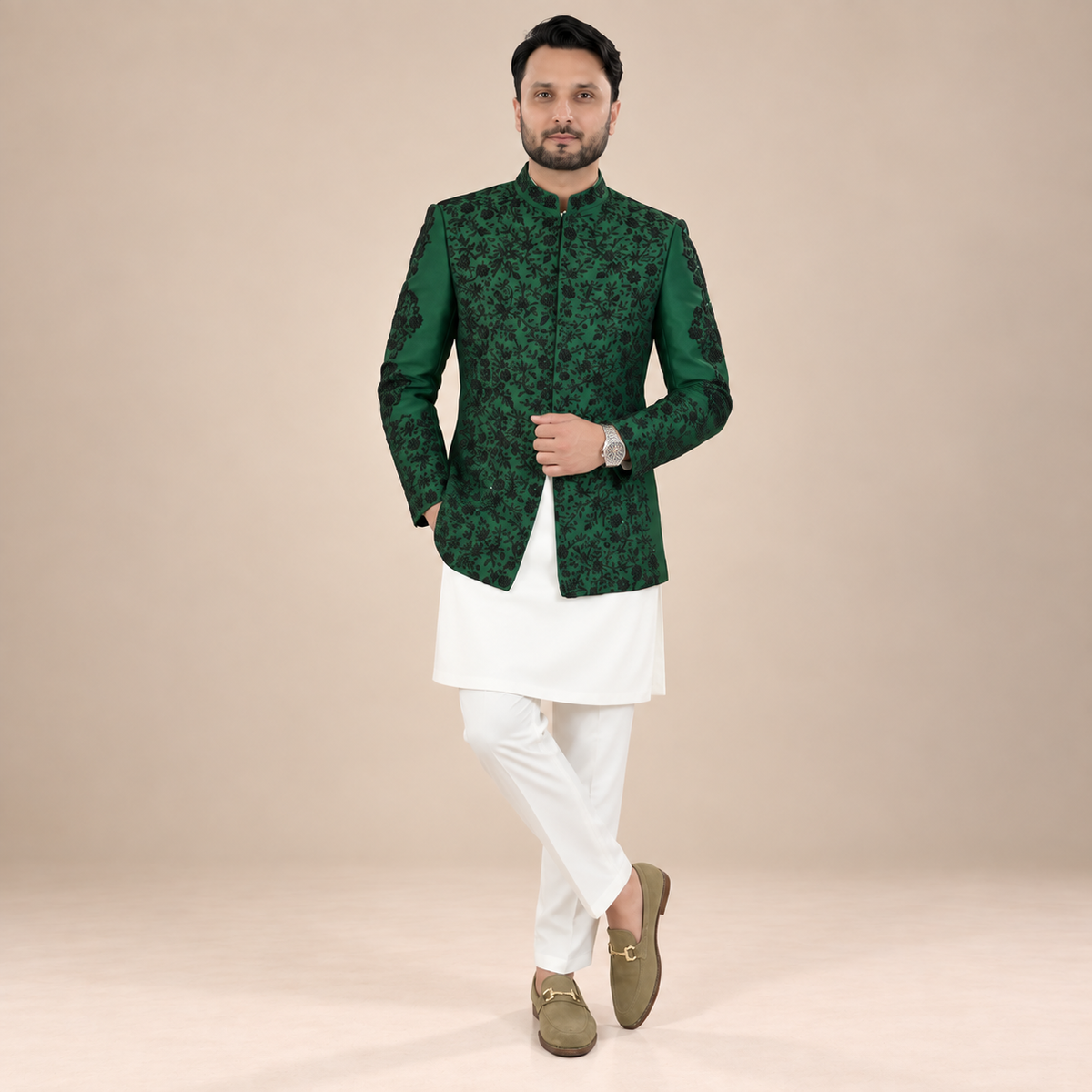 Men's Luxury Emerald Green Embroidered Prince Coat with White Kurta
