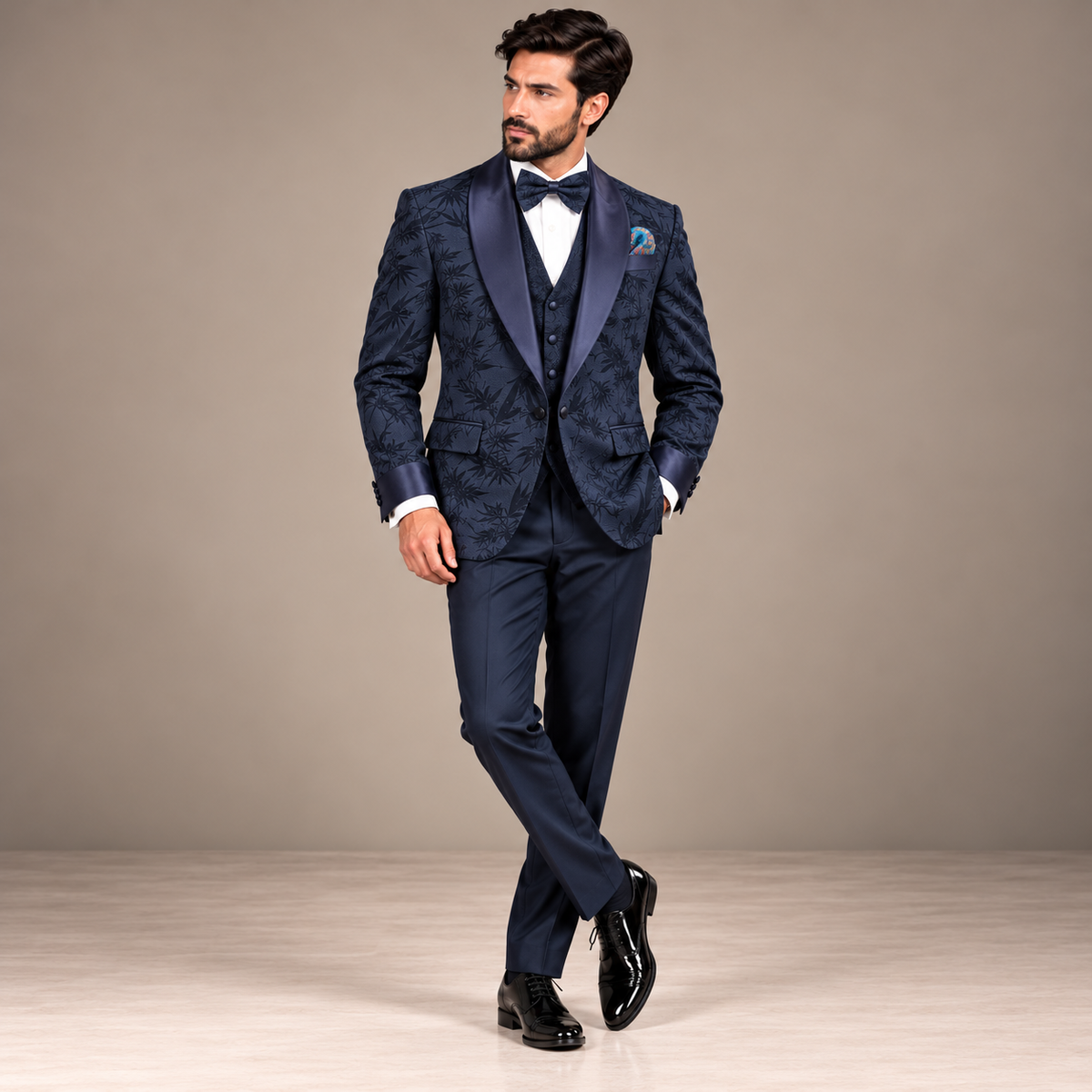 Luxury Navy Blue Self-Textured Three-Piece Tuxedo for Men | Premium Designer Wedding & Formal Wear – Uomo Attire