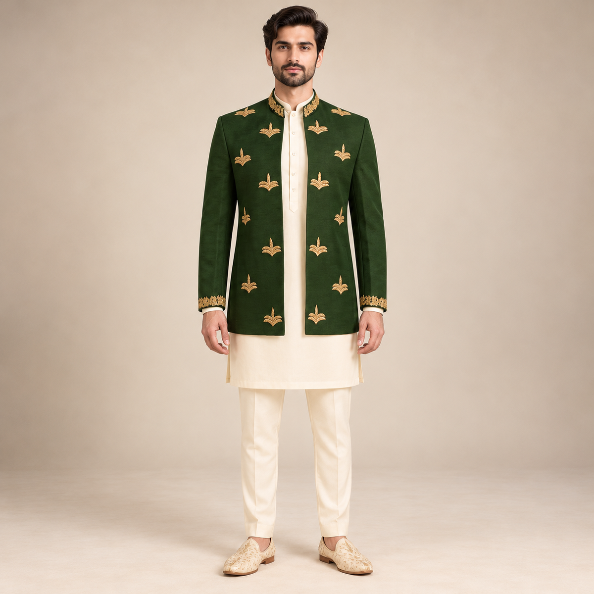 Make a Lasting Impression with Our Bespoke Olive Green Prince Coat Ensemble