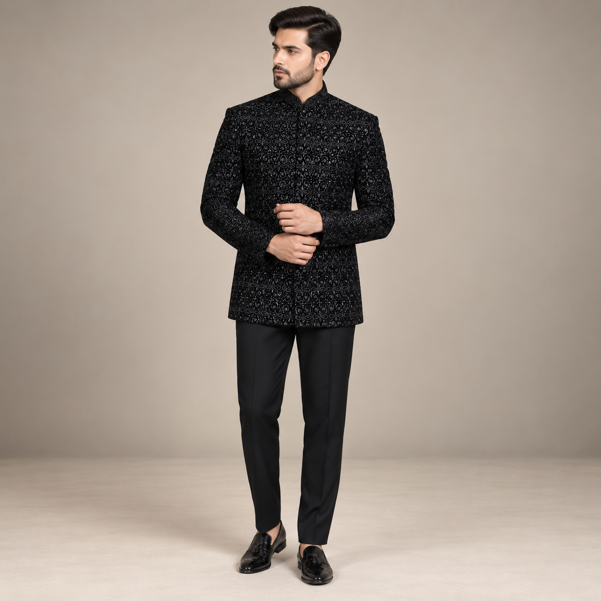 Black Jodhpuri Suit for Men in Velvet Hand Embellishment