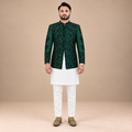 Men's Luxury Emerald Green Embroidered Prince Coat with White Kurta