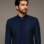 Navy Blue Prince Coat for men in Multicolor Hand Embellished