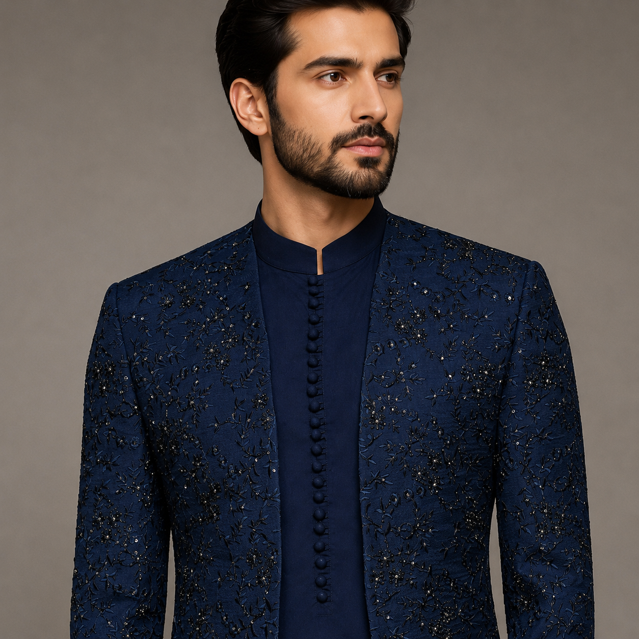 
                  
                    Navy Blue Prince Coat for men in Multicolor Hand Embellished
                  
                
